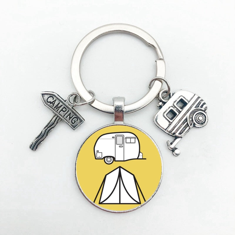 New Cute Camper Wagon Keychain, I Love Camping Keychain, Trailer Signpost Keychain, Vacation Travel Memorial Gift