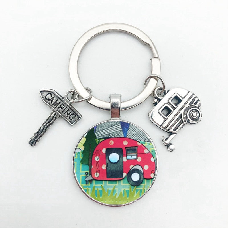 New Cute Camper Wagon Keychain, I Love Camping Keychain, Trailer Signpost Keychain, Vacation Travel Memorial Gift