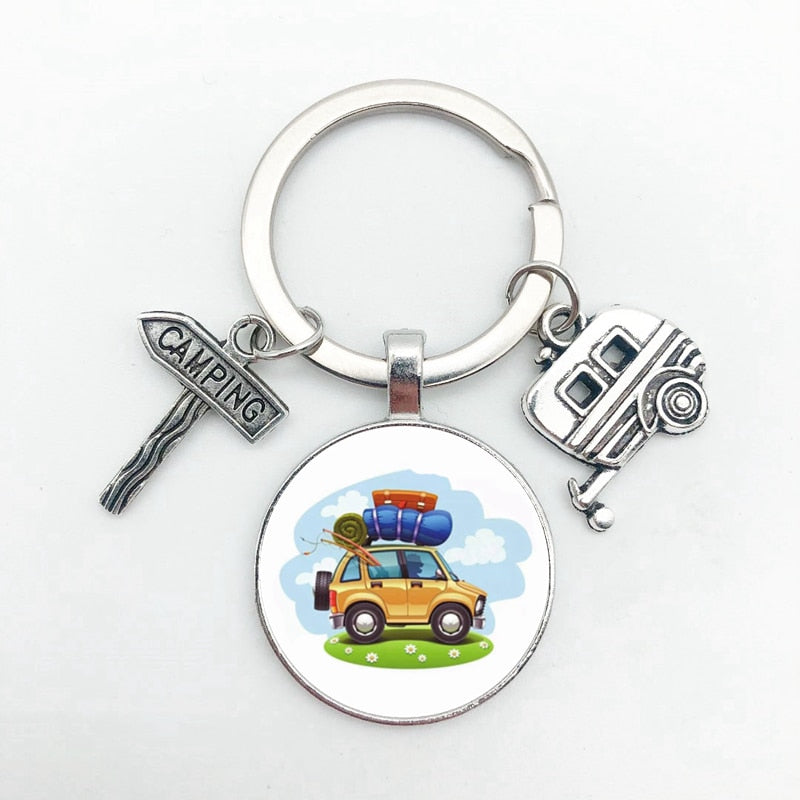 New Cute Camper Wagon Keychain, I Love Camping Keychain, Trailer Signpost Keychain, Vacation Travel Memorial Gift