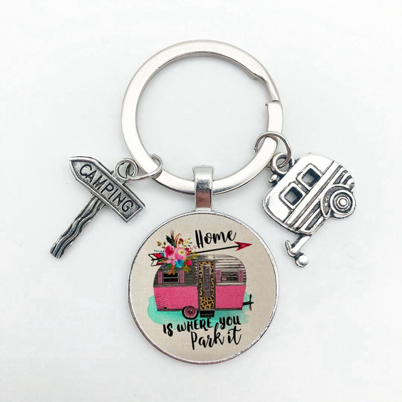 New Cute Camper Wagon Keychain, I Love Camping Keychain, Trailer Signpost Keychain, Vacation Travel Memorial Gift